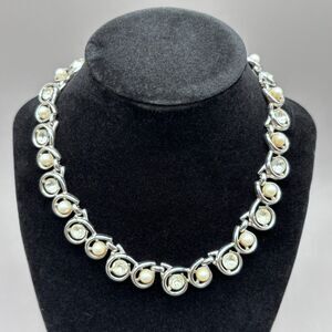 Trifari Pearl Rhinestone Silver Tone Link Necklace Vintage 1960s Jewelry